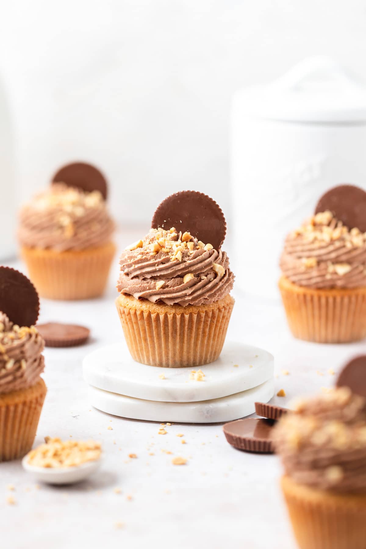 chocolate peanut butter cupcakes with crushed peanuts.