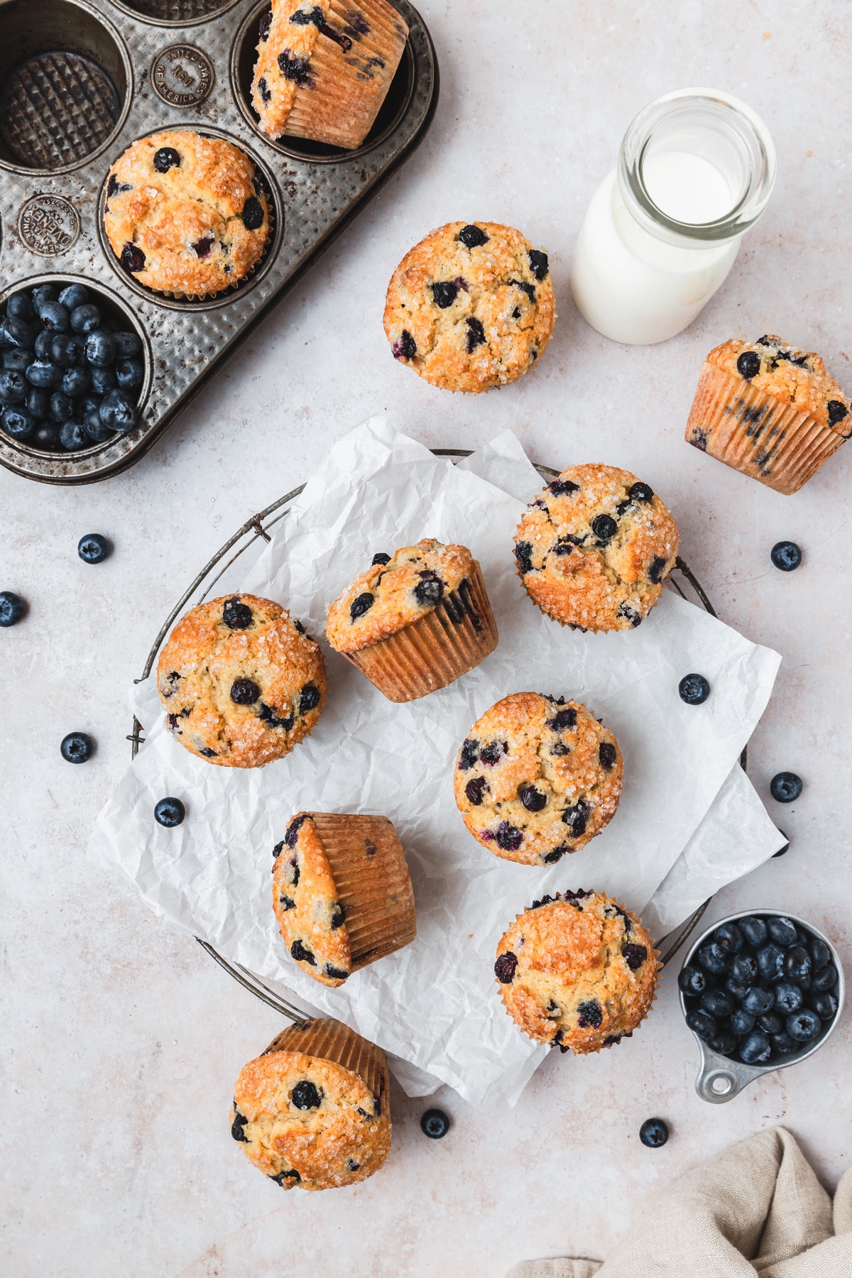 flatlay photo of sourdough discard blueberry muffins.
