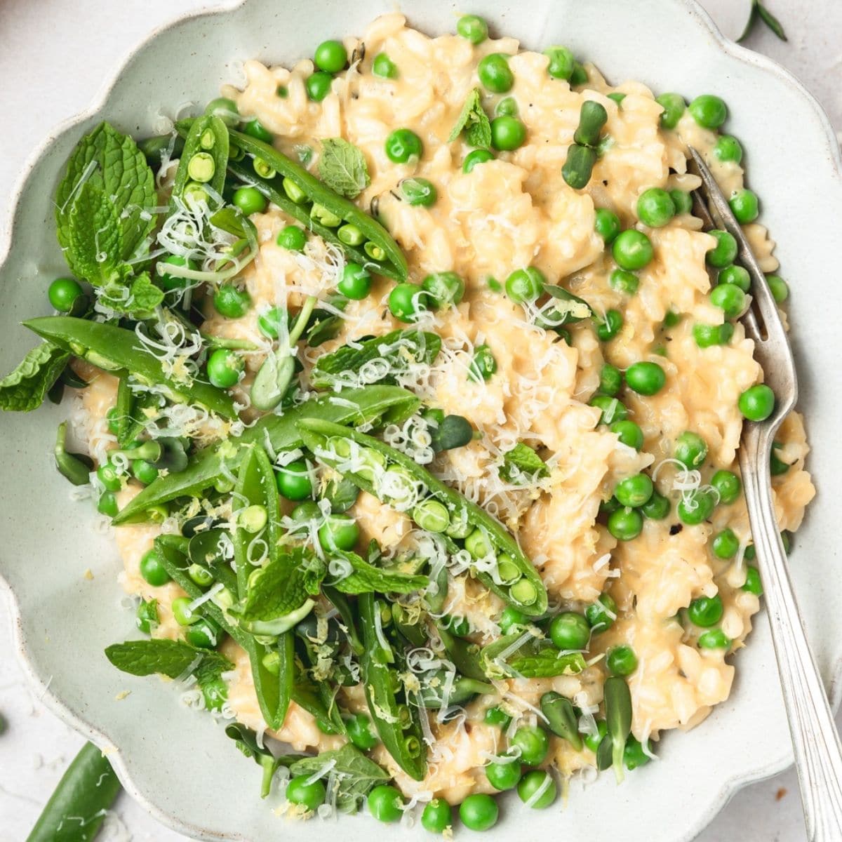 close up shot of spring pea risotto.