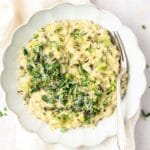 close up shot of creamy zucchini risotto.