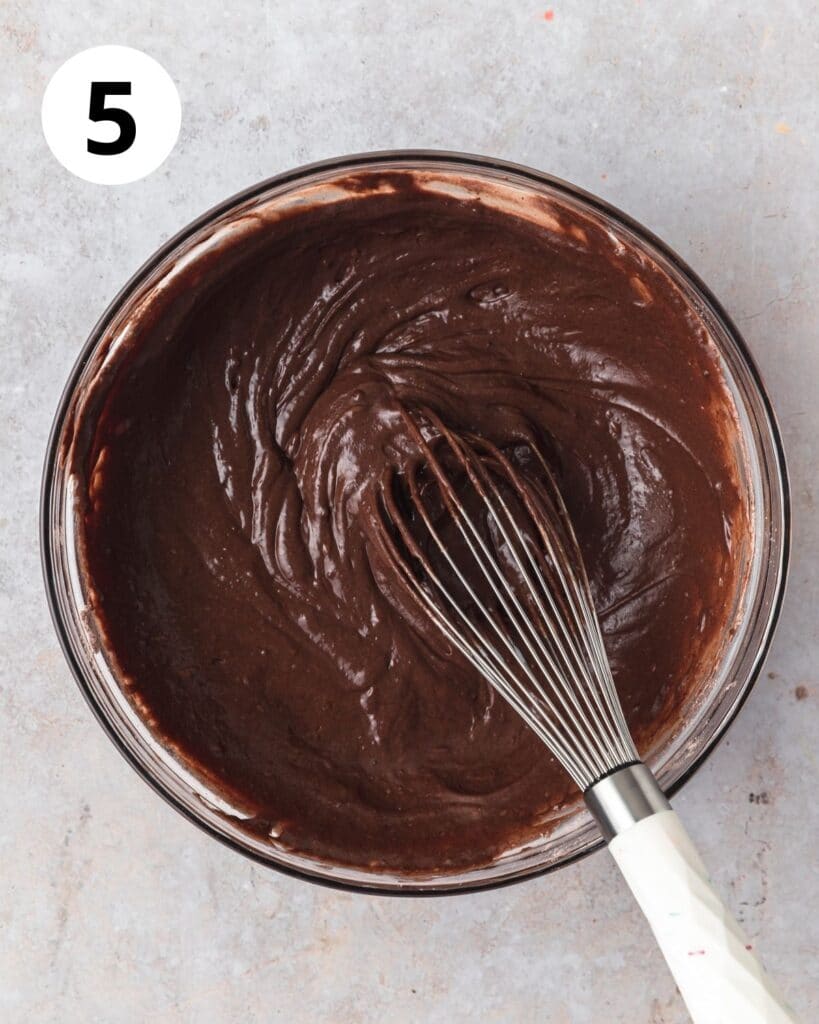 chocolate loaf cake batter in bowl.