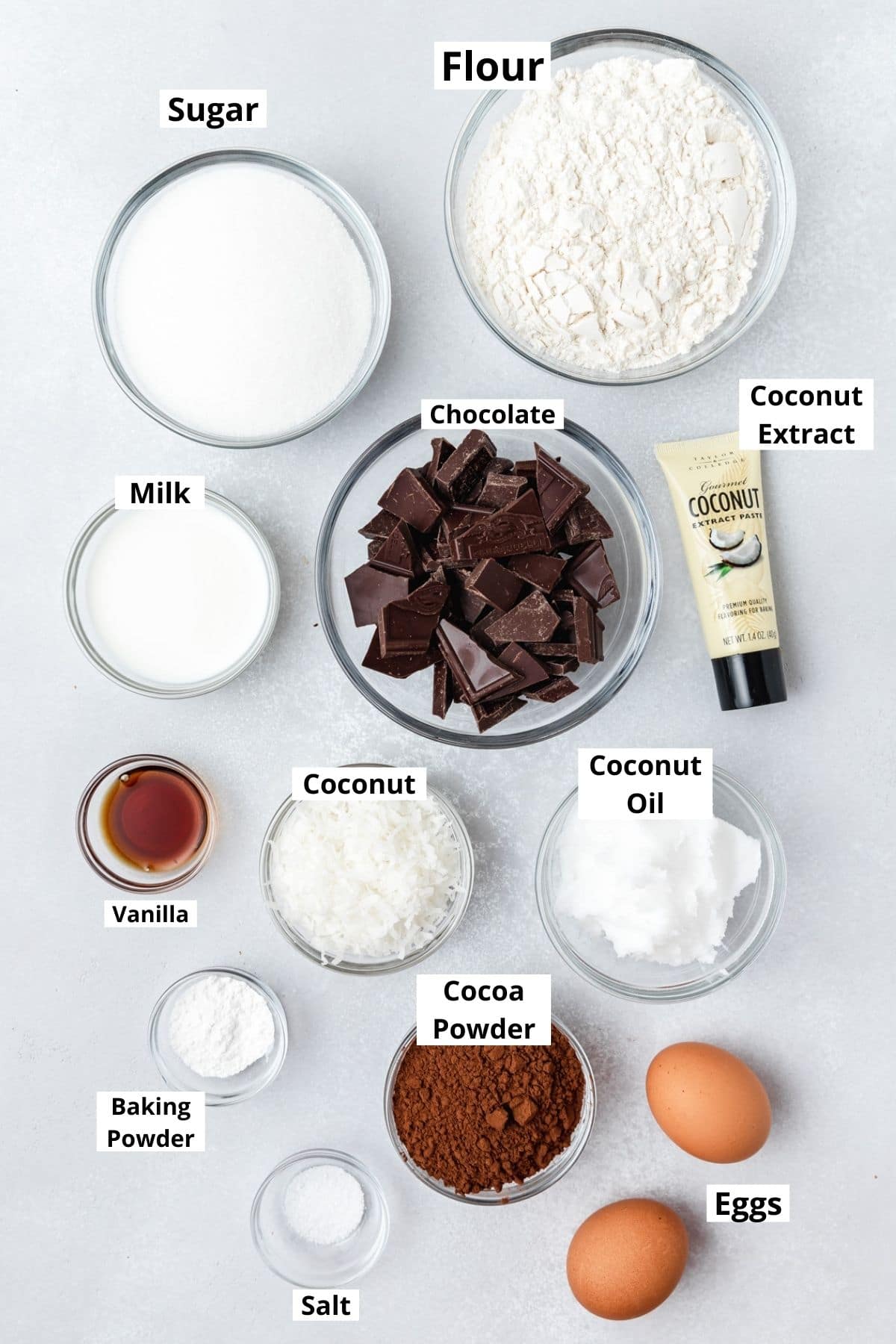 labeled shot of ingredients for chocolate coconut donuts.