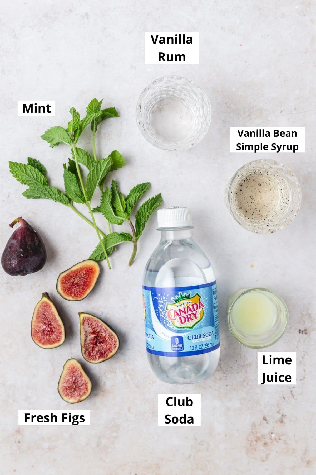 labeled shot of ingredients for vanilla fig mojito.