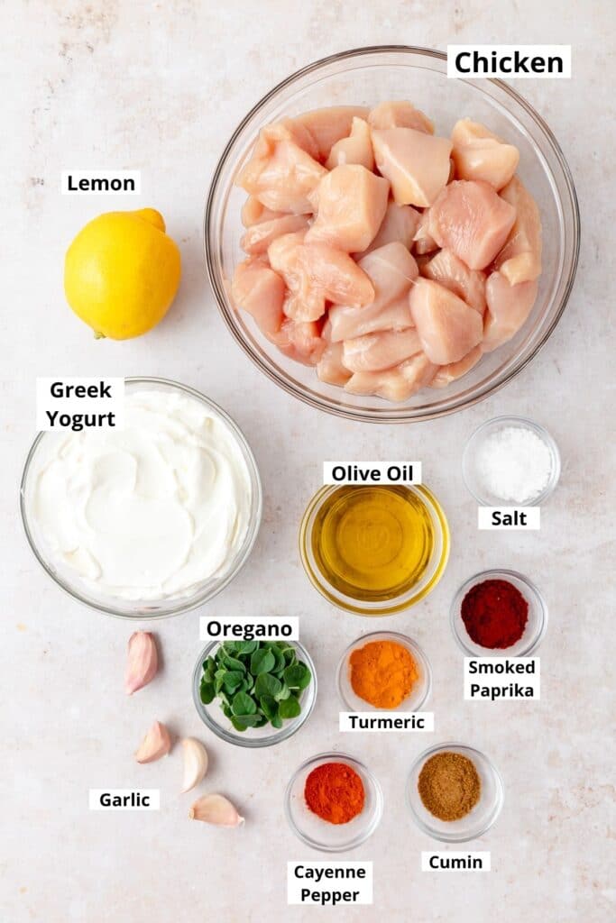 labeled ingredients for greek yogurt chicken.