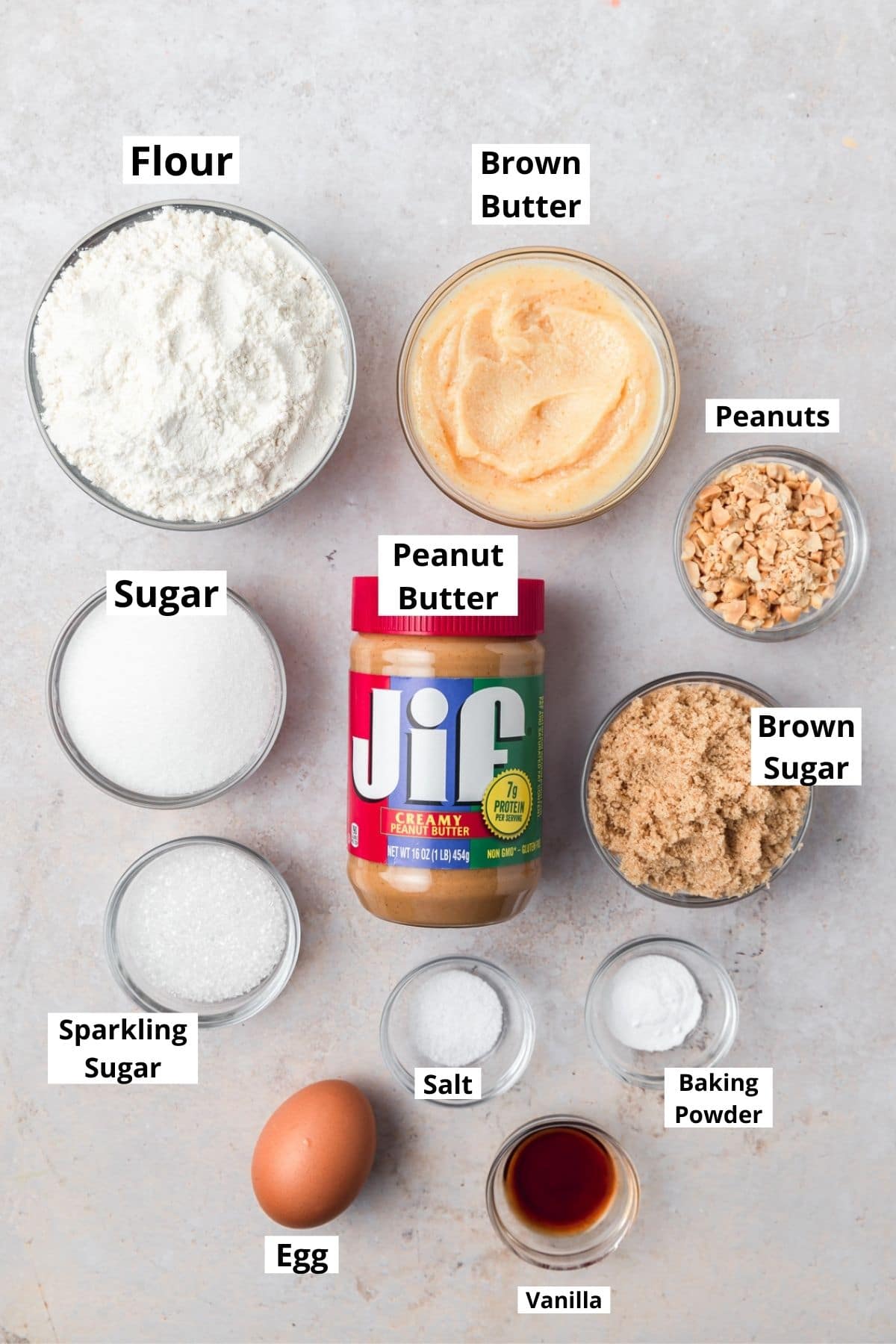 labeled shot of ingredients for peanut butter cookies.