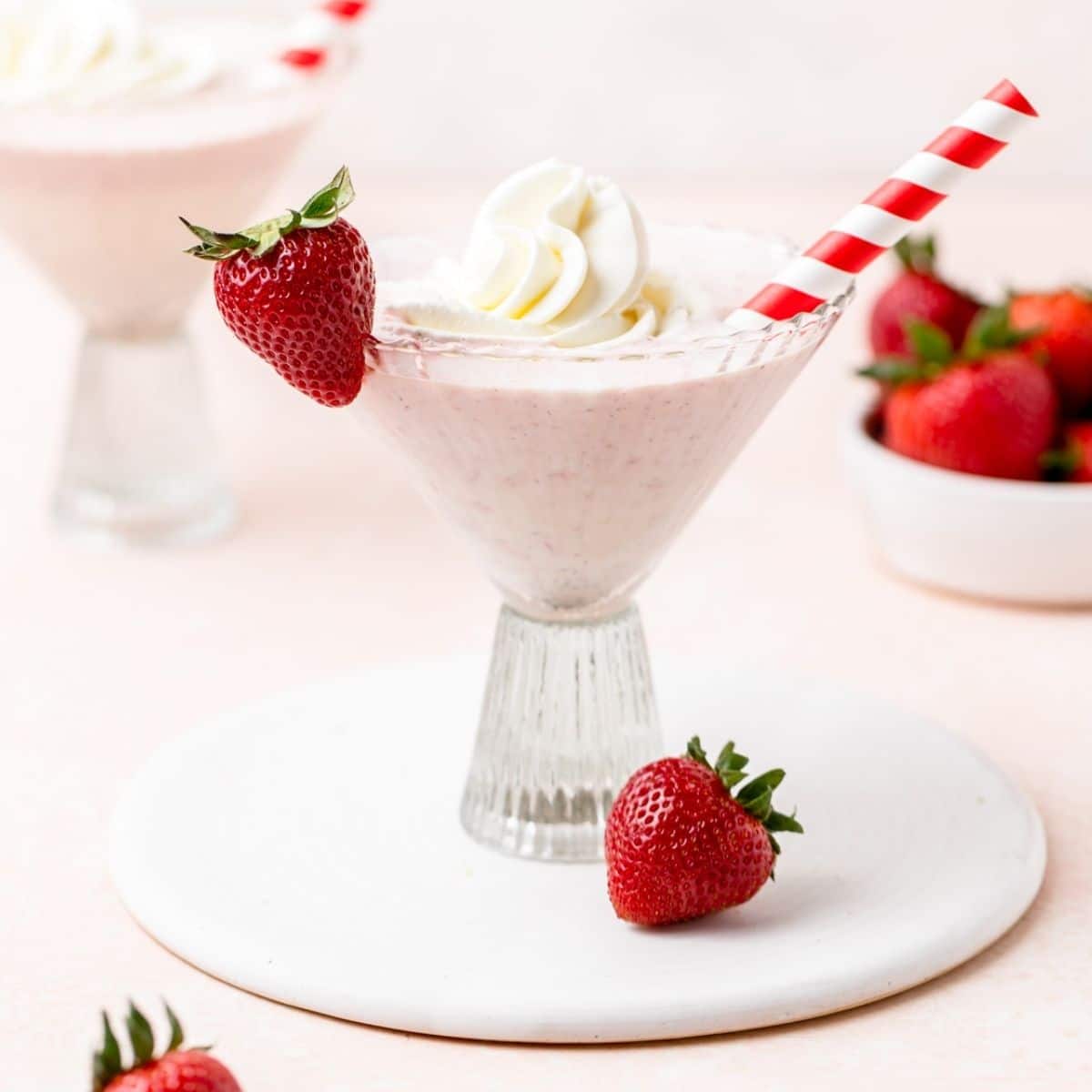 close up shot of frozen strawberries and cream cocktail with Bailey's.