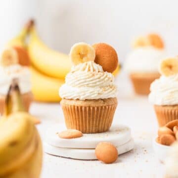 close up shot of banana pudding cupcakes.
