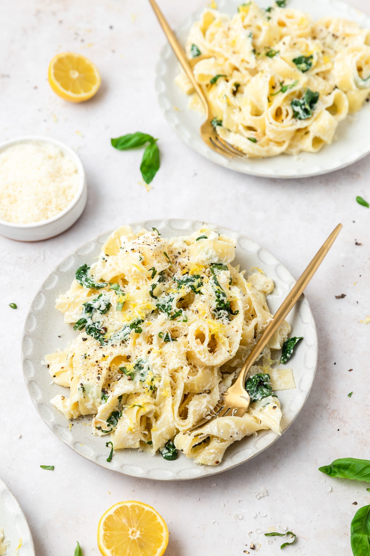 lemon ricotta pasta with spinach and basil.