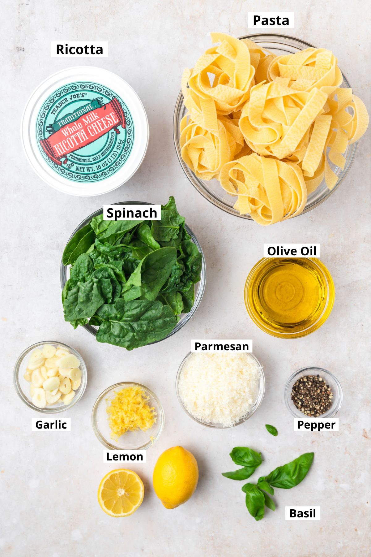 labeled shot of ingredients for lemon ricotta pasta.