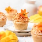 close up shot of mango coconut cupcakes.