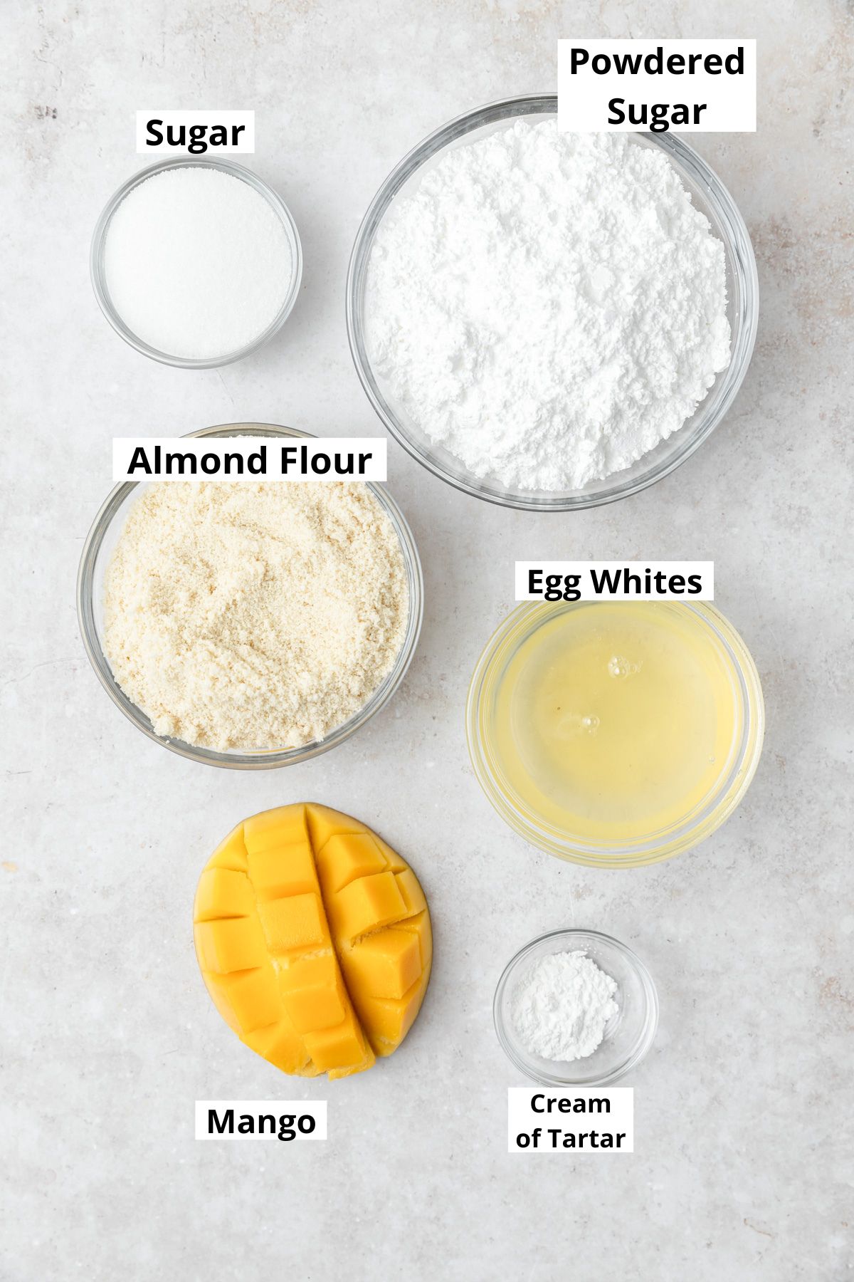 labeled shot of ingredients for mango macarons.