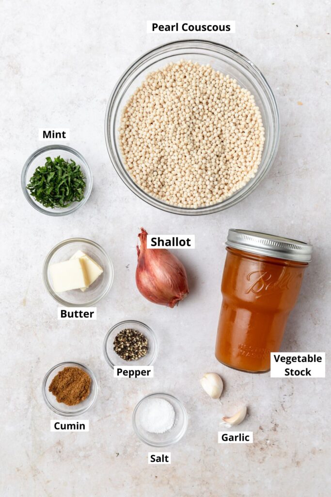 labeled ingredients for toasted pearl couscous.