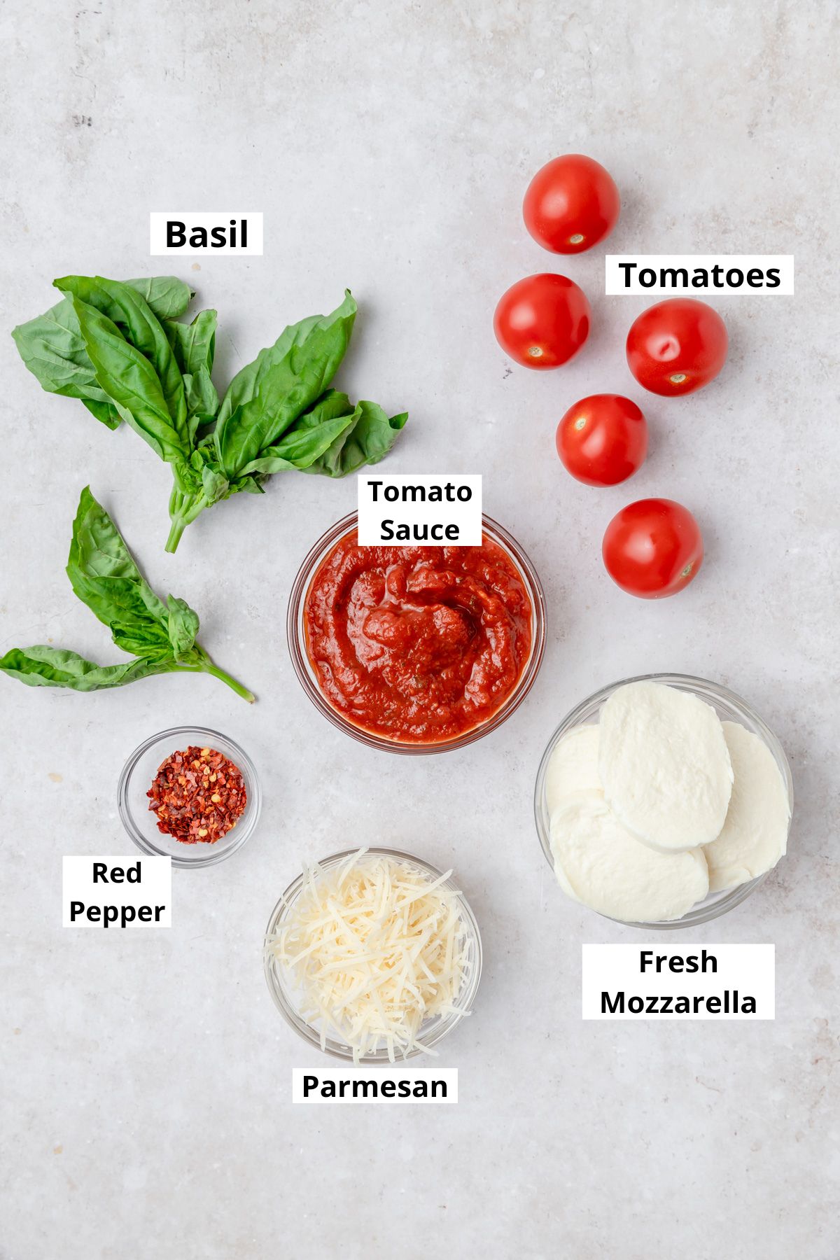labeled ingredients for margherita pizza.