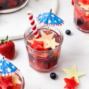 close up shot of red white and blue sangria.