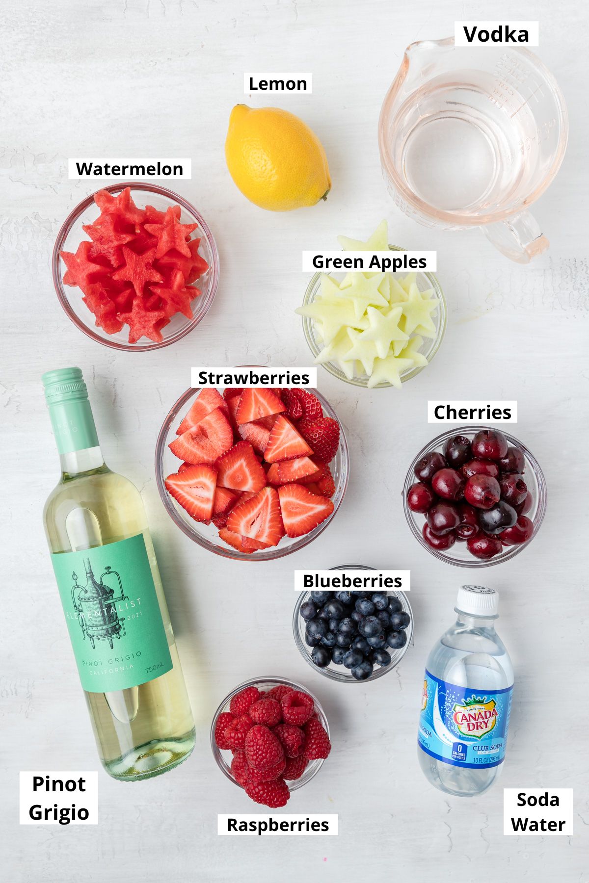 labeled shot of red white and blue sangria ingredients.