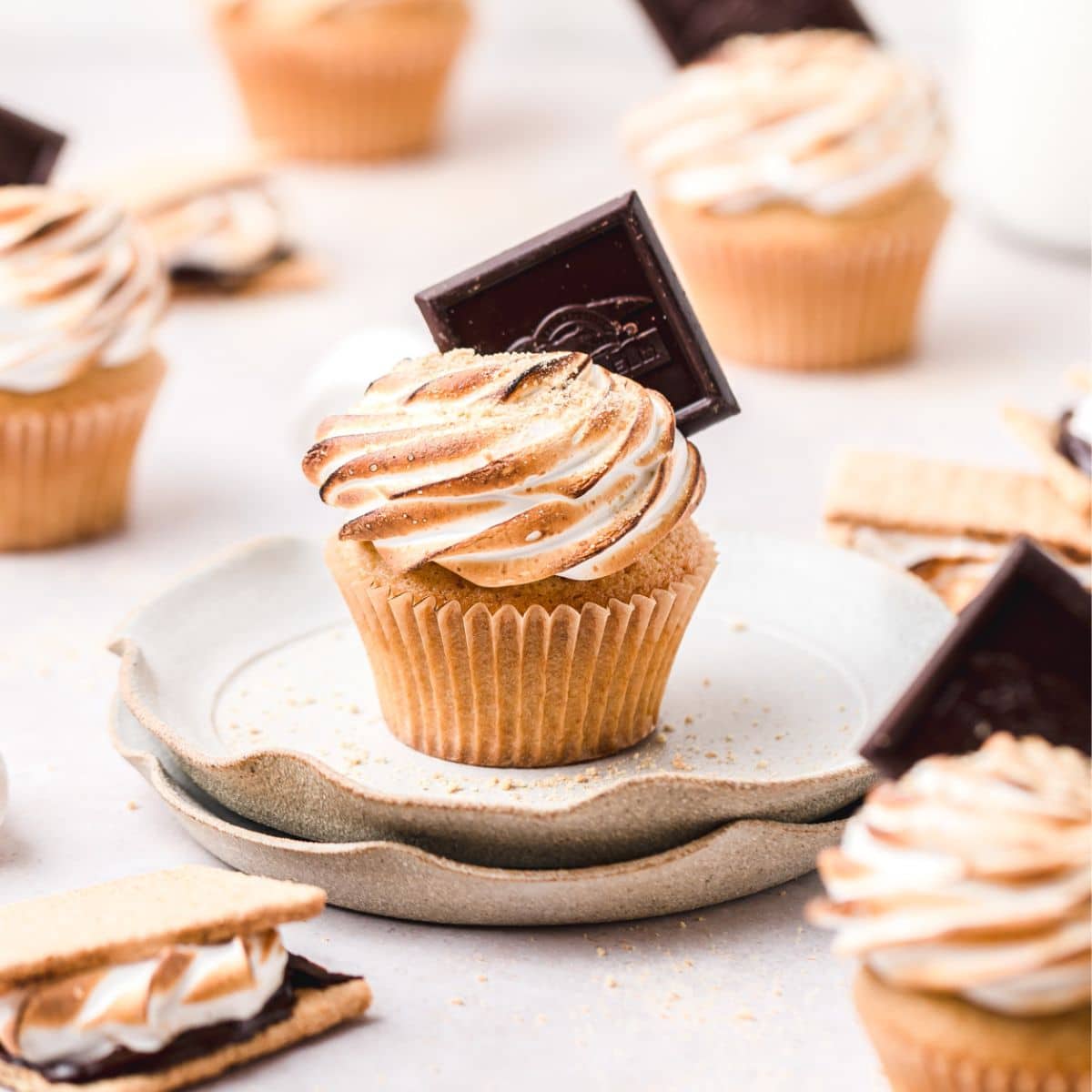 close up shot of s'mores cupcakes with toasted meringue and chocolate ganache.