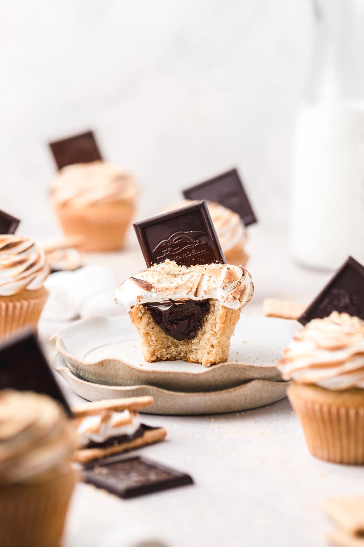 smore's cupcakes filled with chocolate and topped with toasted marshmallow.