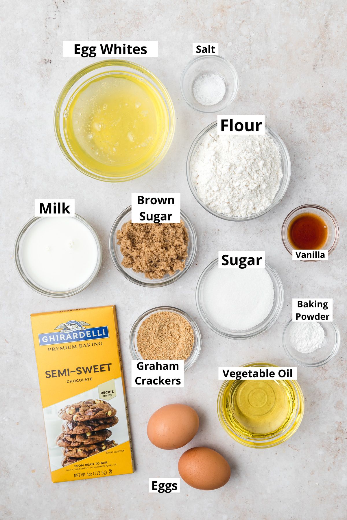 labeled shot of ingredients for smore's cupcakes.