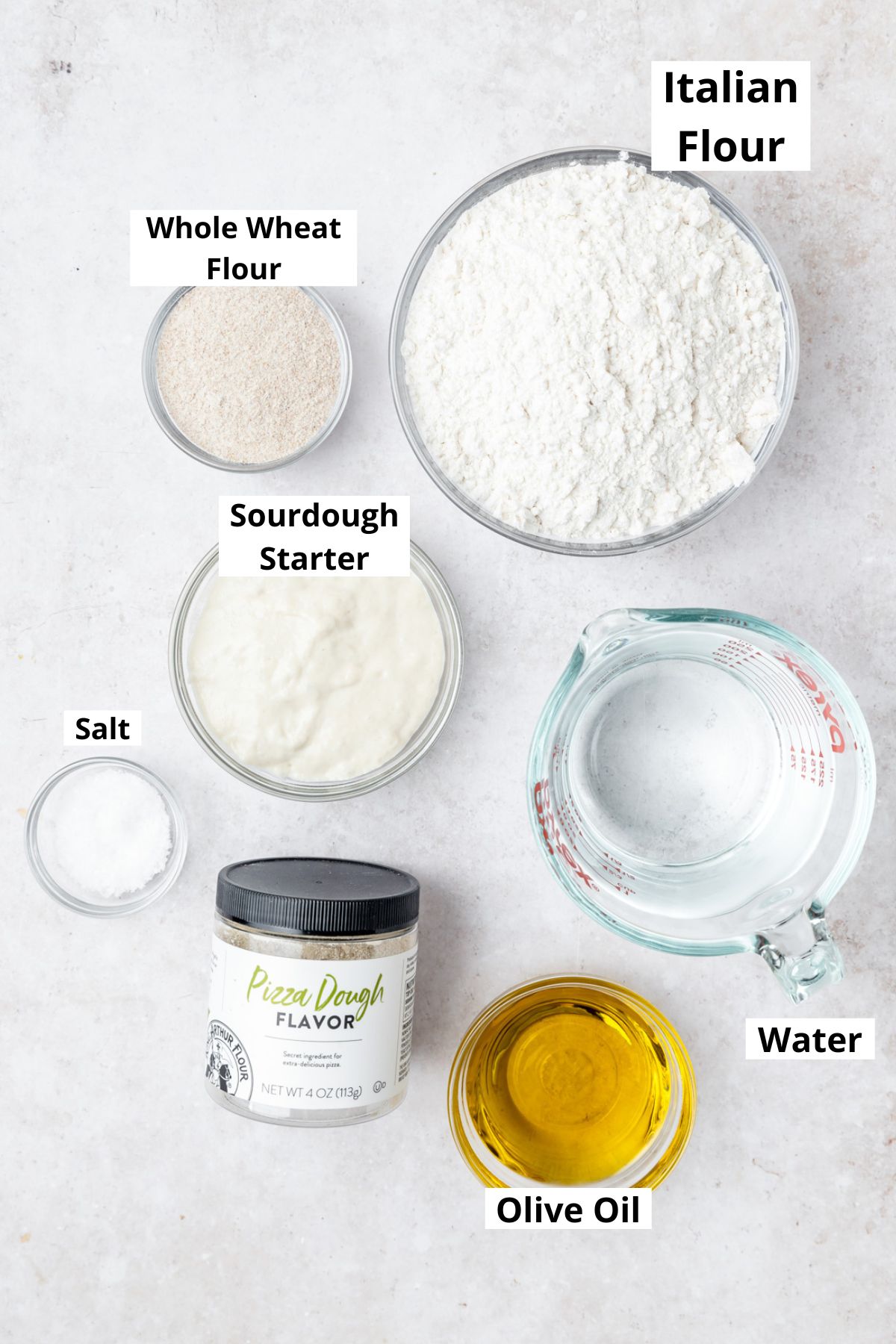 labeled shot of ingredients for sourdough pizza dough.