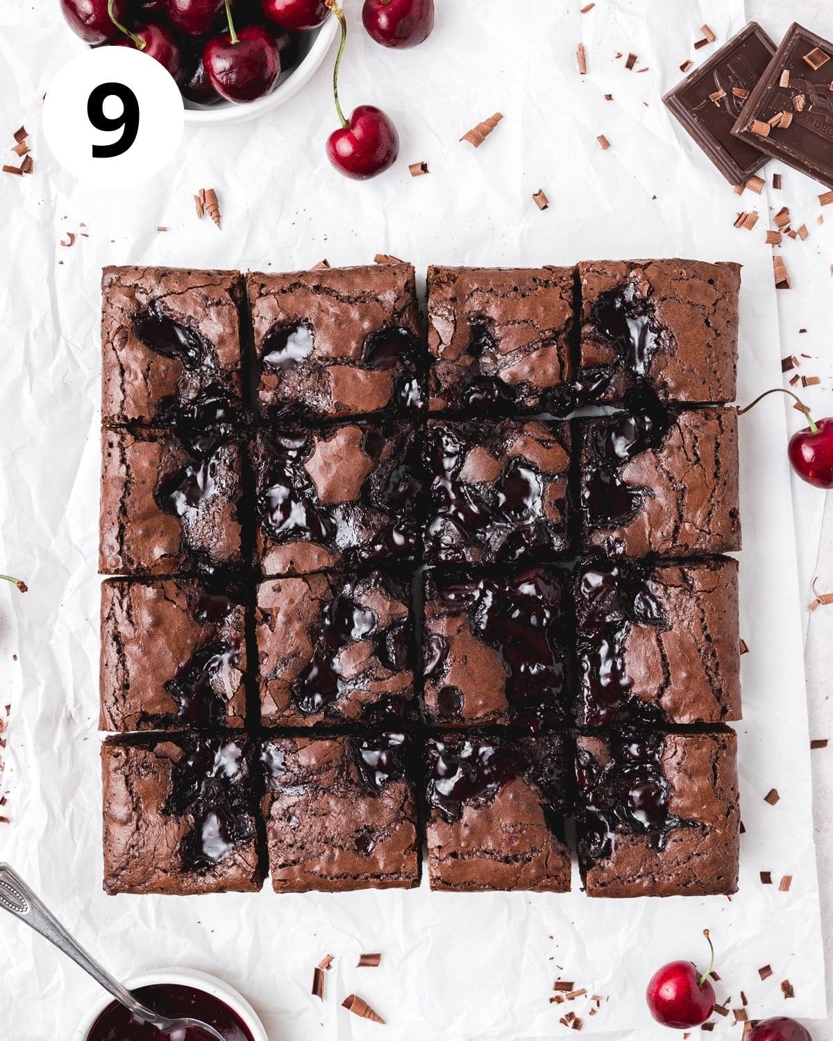cherry brownies cut into squares.