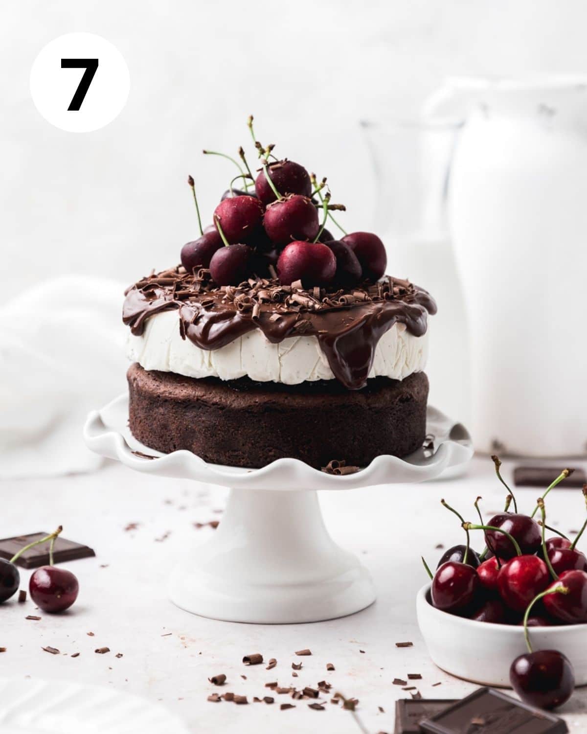 black forest ice cream cake topped with fresh cherries.