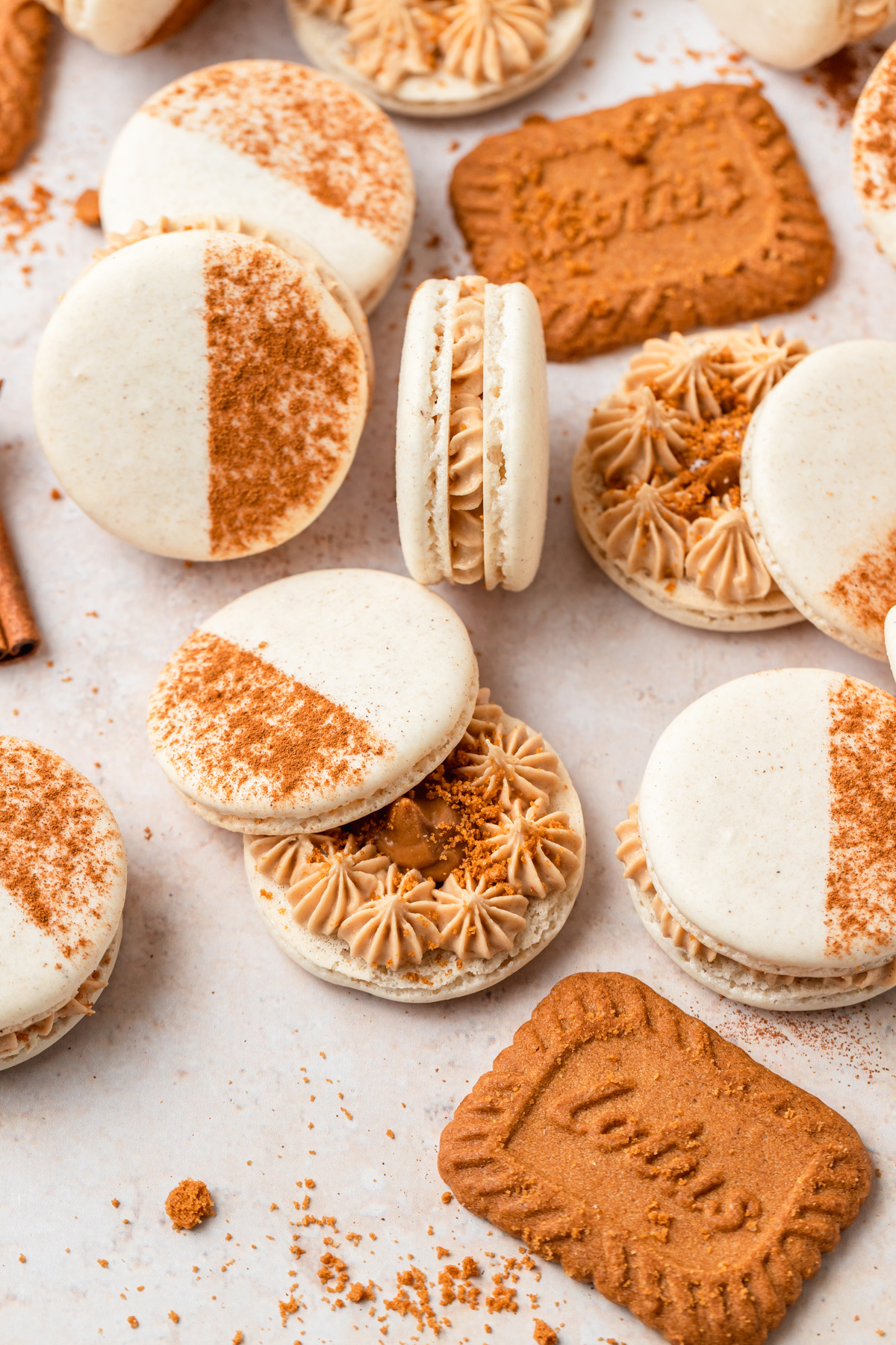 macarons with cookie butter buttercream and biscoff cookies.
