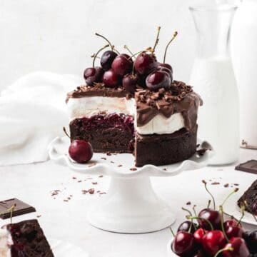 close up shot of black forest ice cream cake topped with cherries.