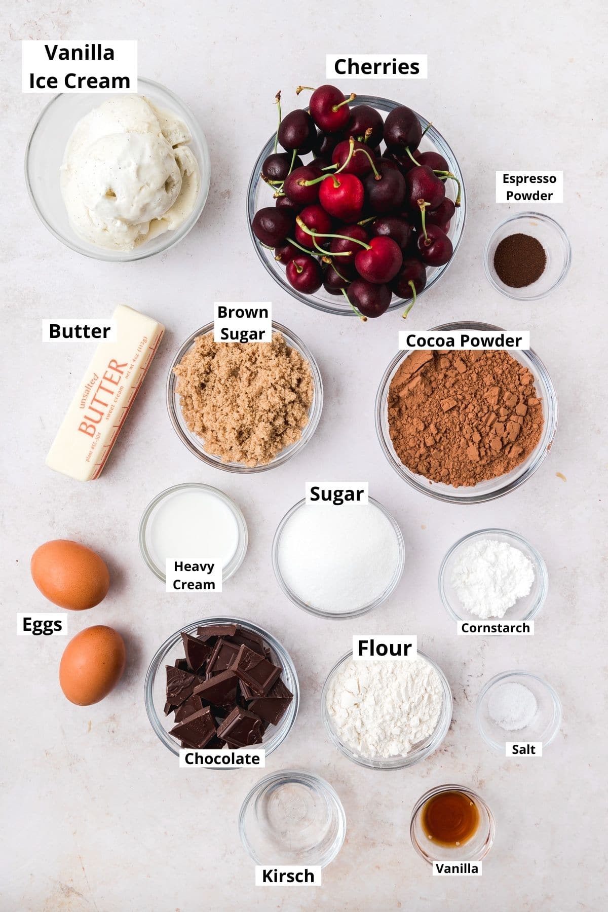 labeled shot of ingredients for black forest ice cream cake.