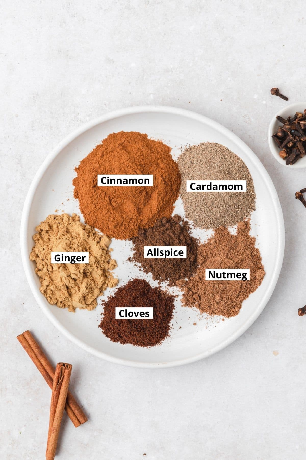 plate of spices for homemade chai spice blend.