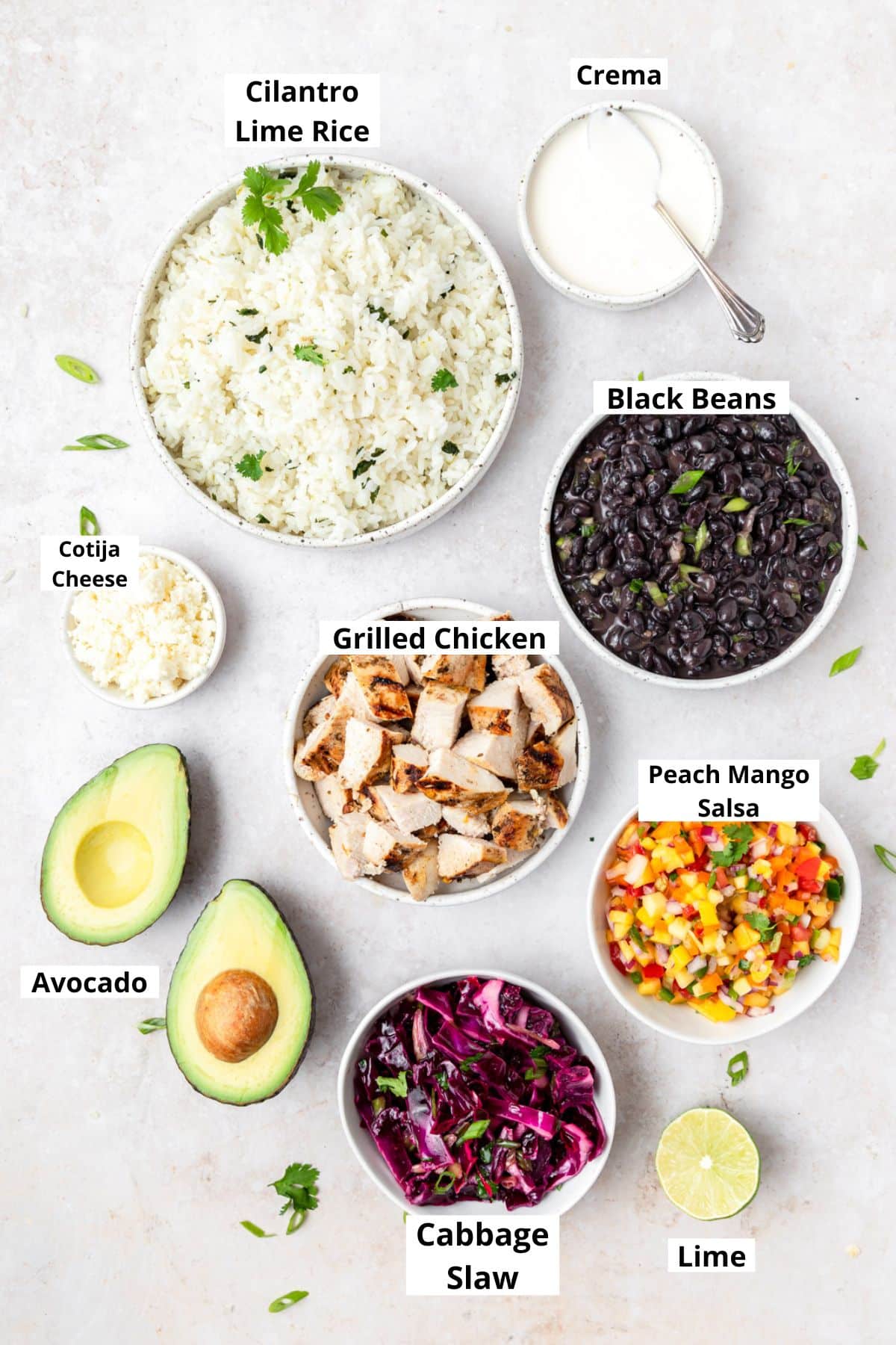labeled shot of ingredients for grilled chicken burrito bowls.
