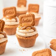 close up shot of biscoff cookie butter cupcakes.