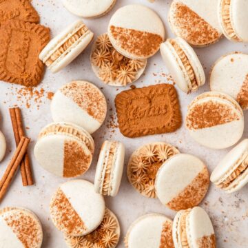 close up shot of biscoff cookie butter macarons.