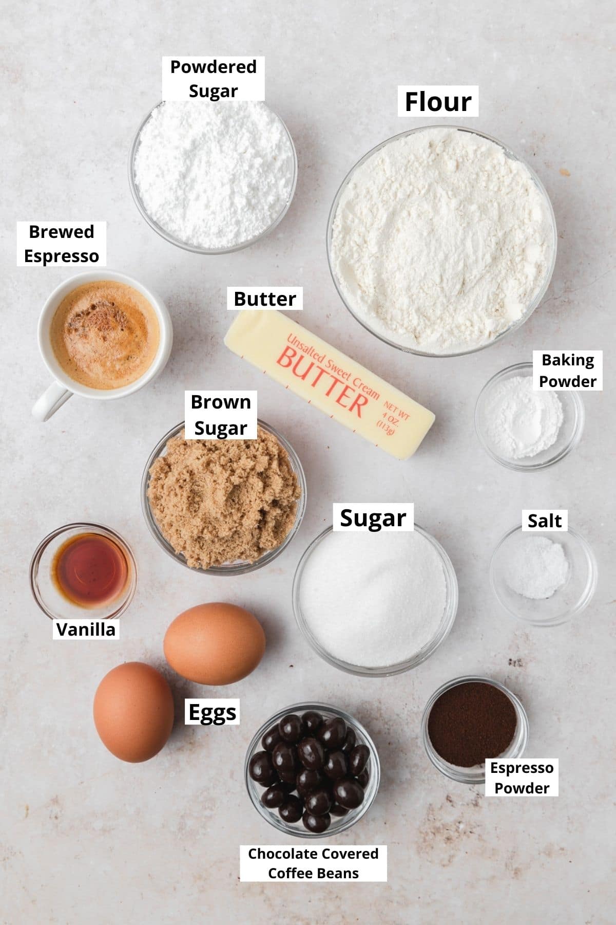 labeled shot of ingredients for espresso cupcakes.