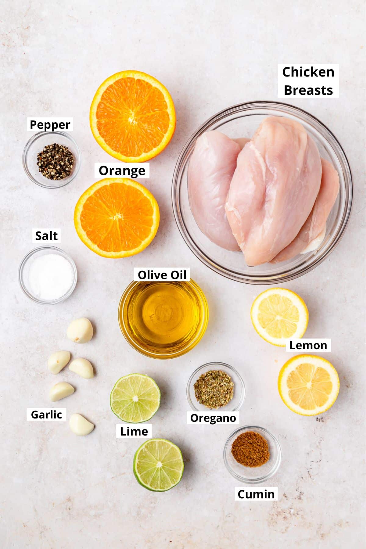 labeled ingredients for mojo chicken.