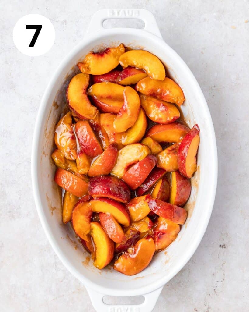 sliced peaches tossed with brown sugar and cornstarch.