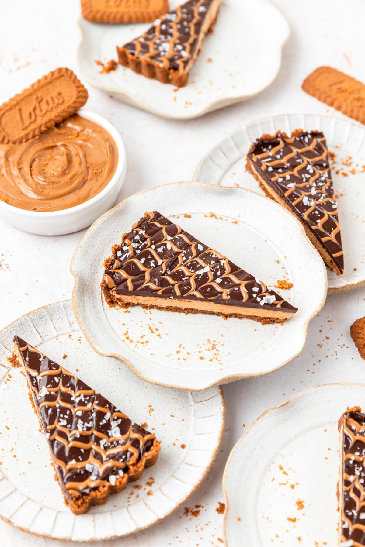biscoff cookie butter tart with chocolate and sea salt.
