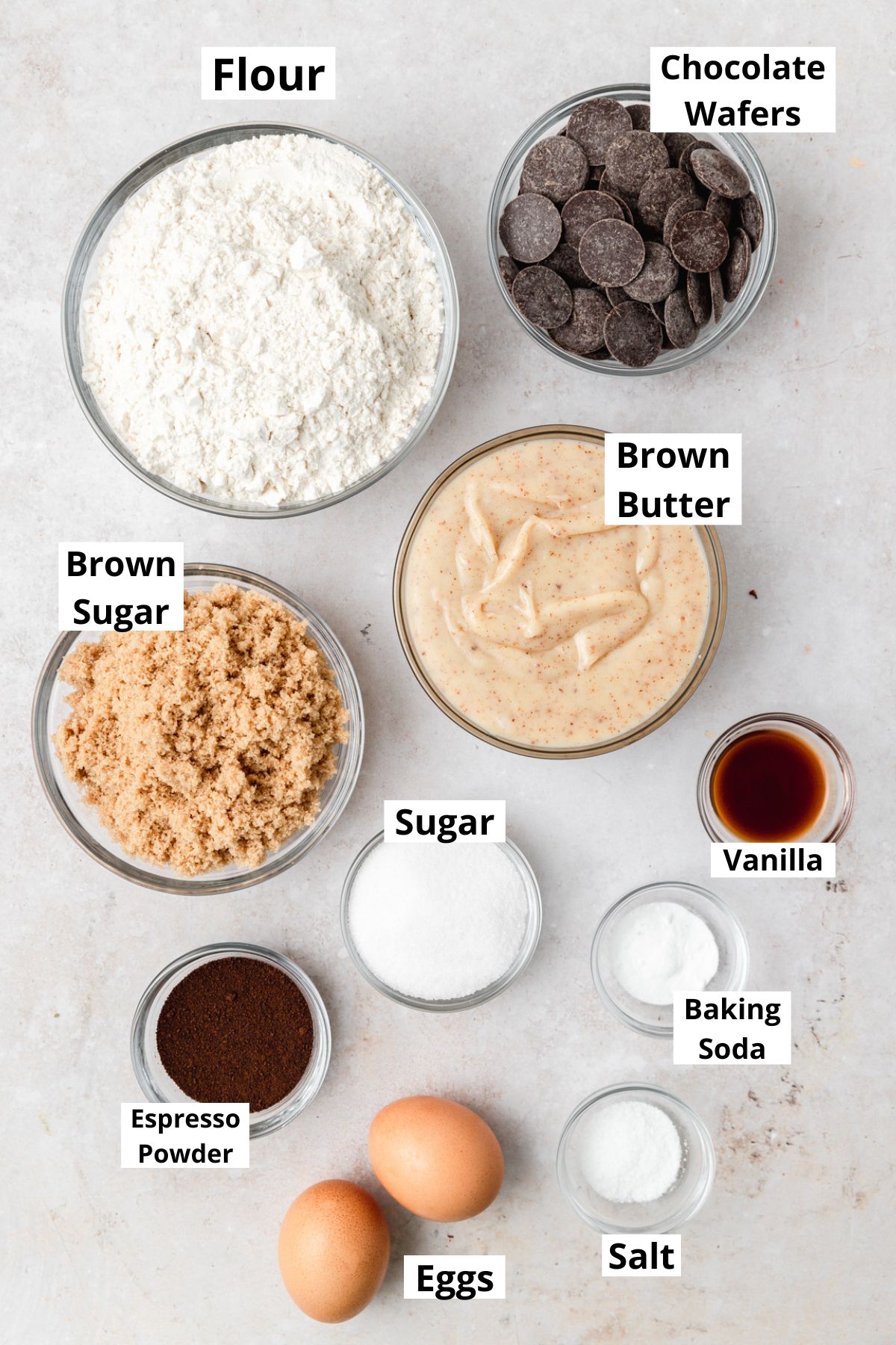 labeled ingredients for espresso chocolate chip cookies.