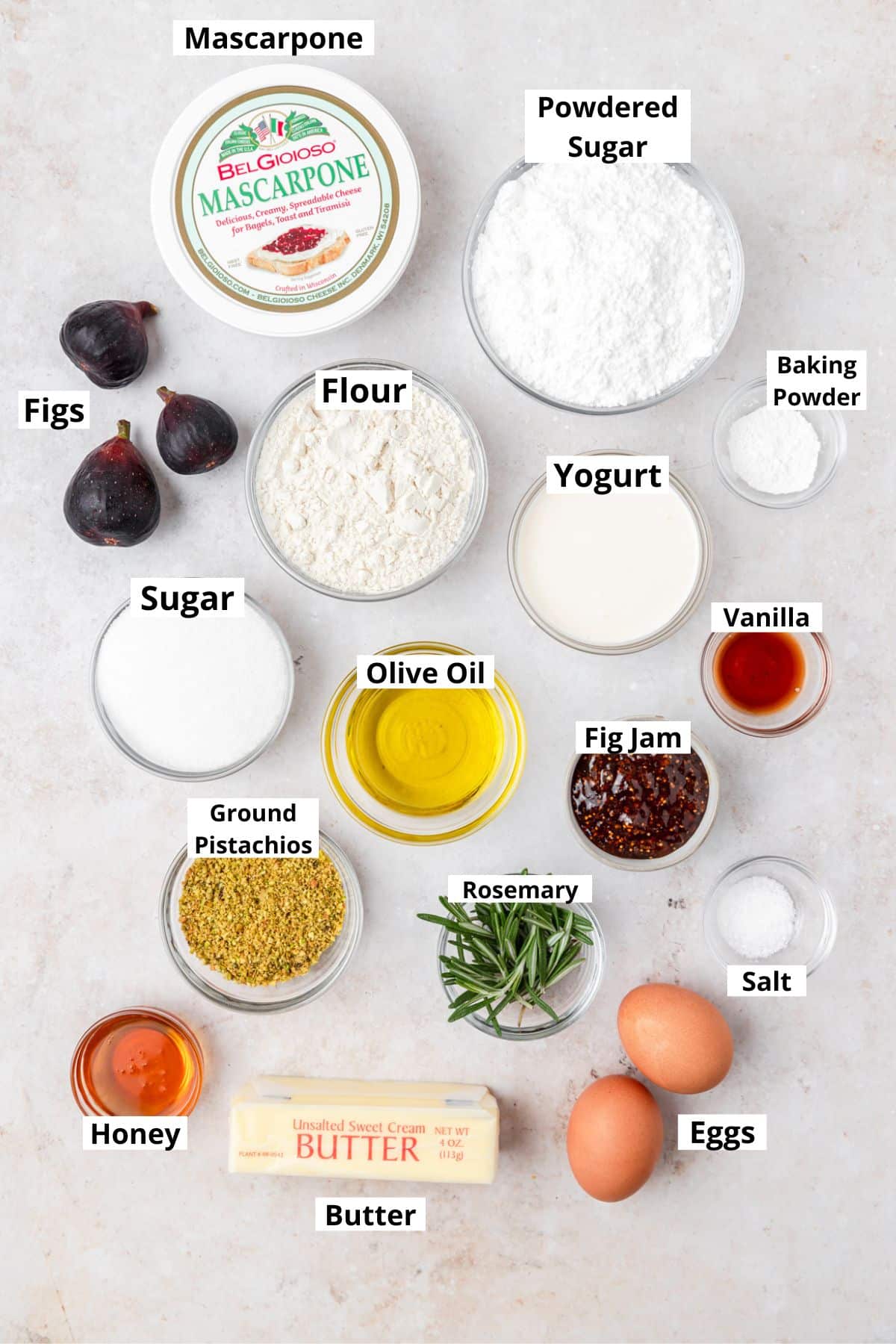 labeled ingredients for fig olive oil cupcakes.