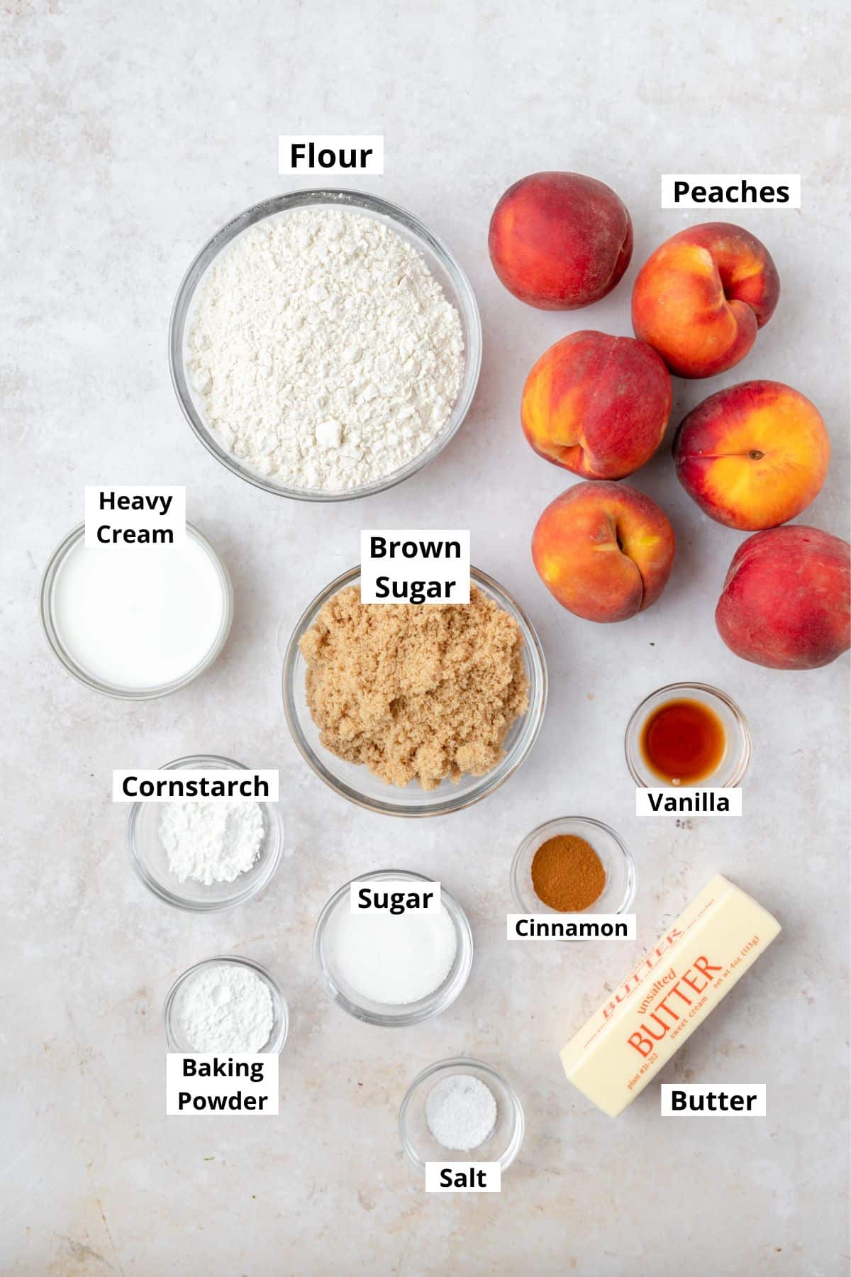 labeled shot of peach cobbler ingredient notes.