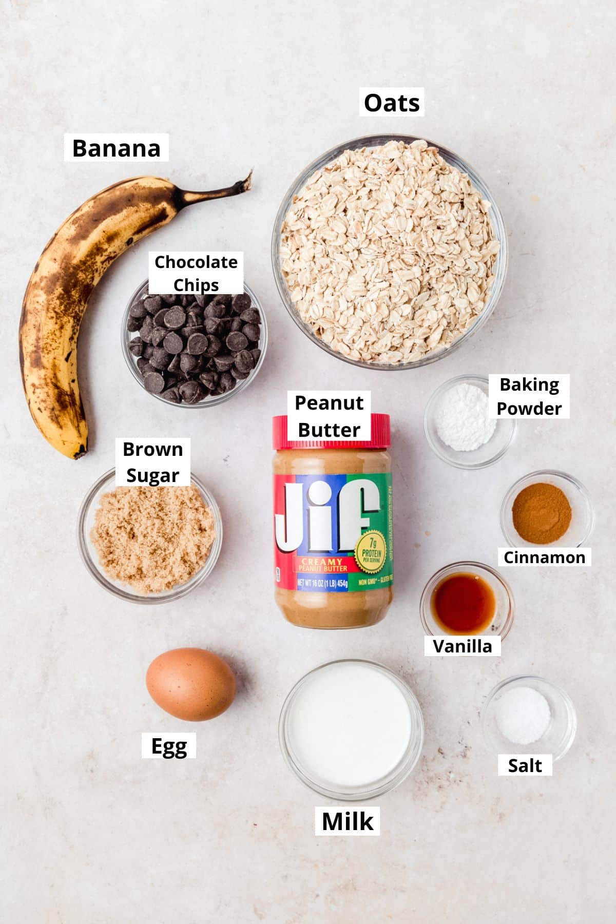 labeled shot of ingredients for peanut butter oat breakfast bars.