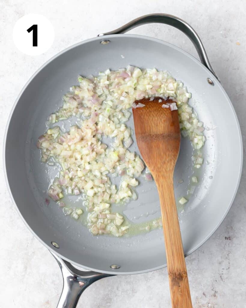 sautéing shallot and garlic in pan.