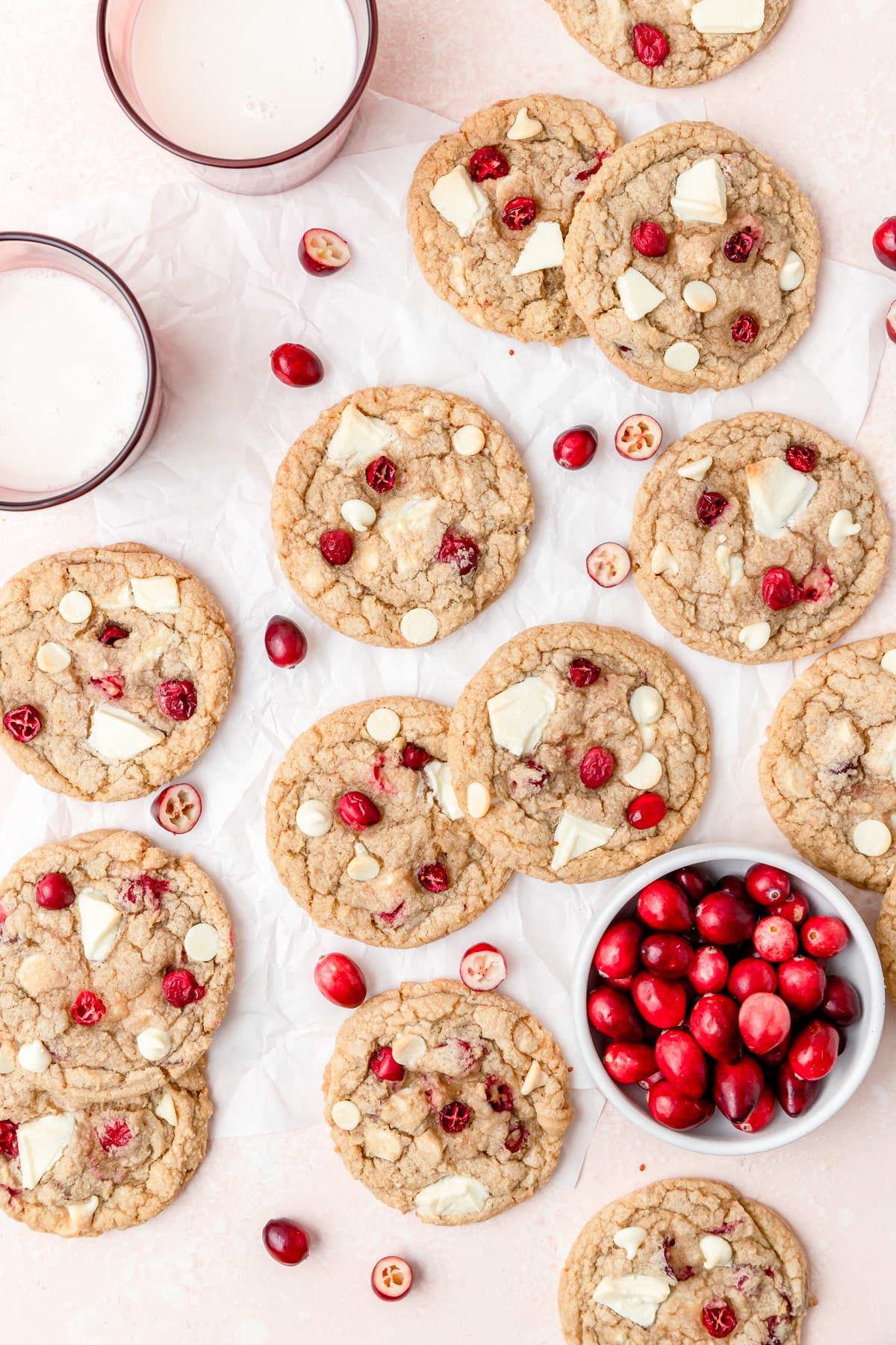 cranberry white chocolate chip cookies with fresh cranberries.