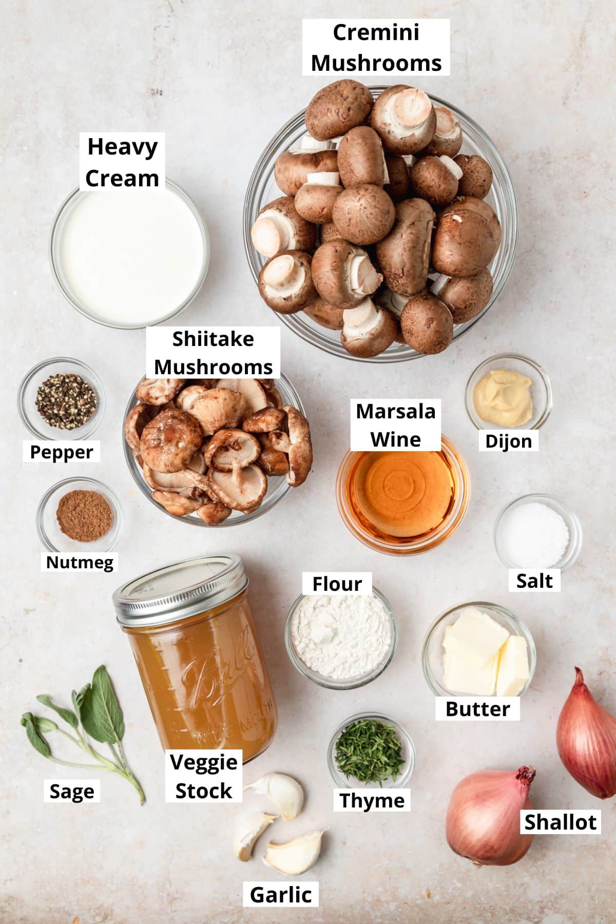 labeled shot of ingredients for homemade cream of mushroom soup.