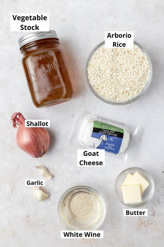 labeled ingredients for goat cheese risotto.
