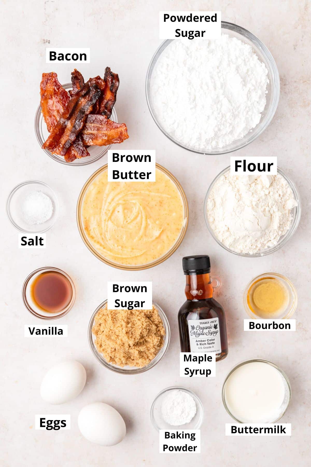 labeled ingredients for maple bacon cupcakes.