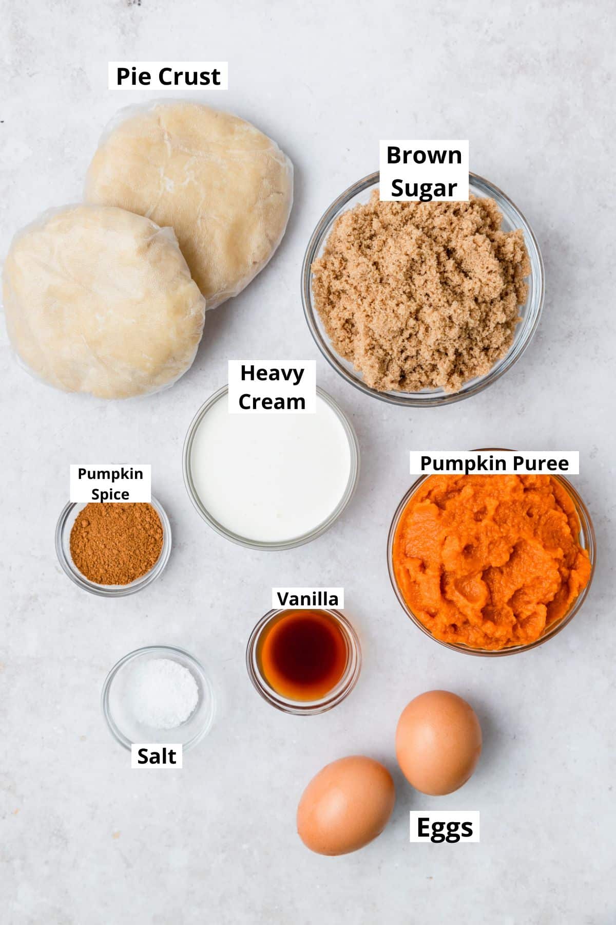 labeled ingredients for mini pumpkin pies.
