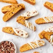 pecan and pumpkin biscotti with white chocolate.