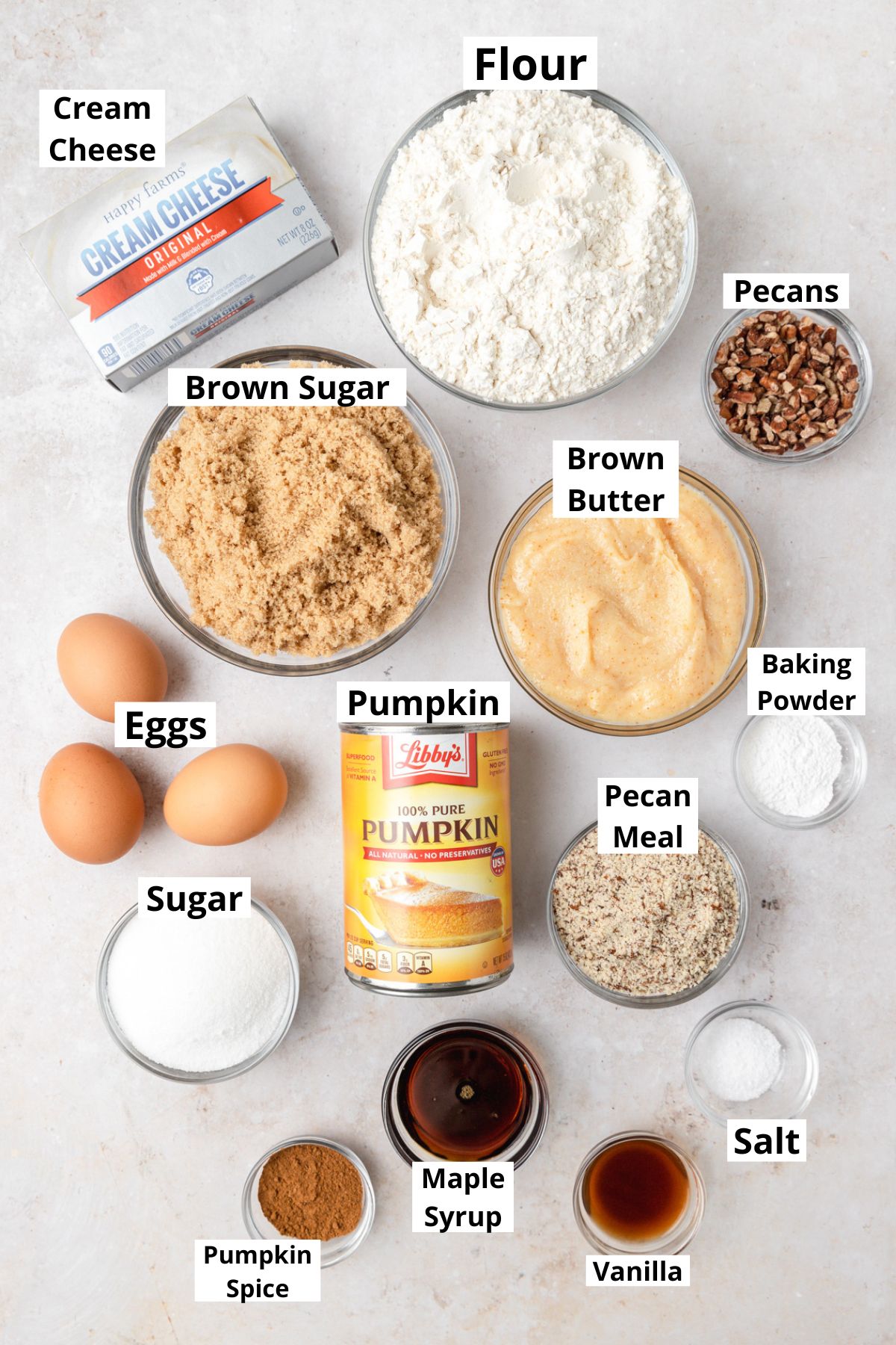 labeled shot of ingredients for pumpkin pecan bundt cake.