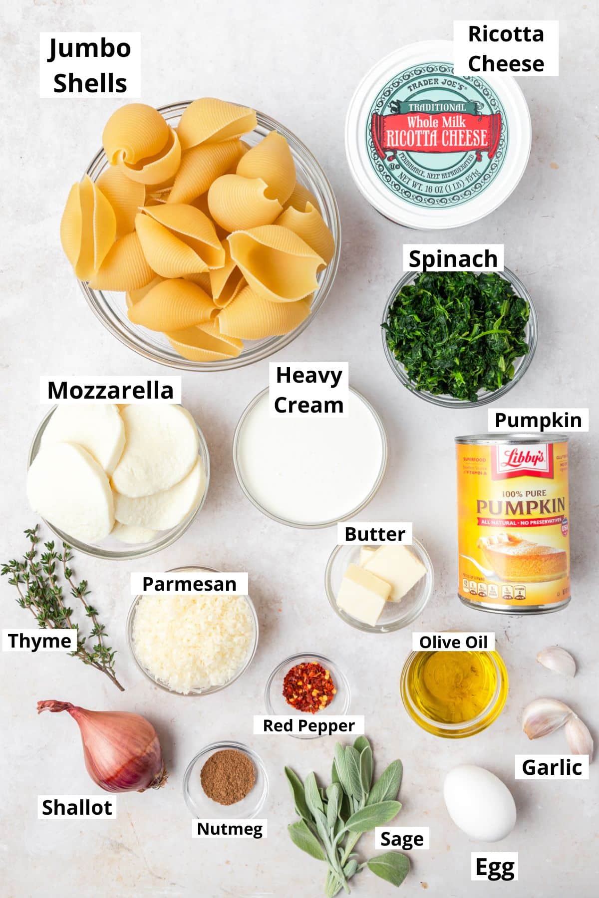 labeled ingredients for pumpkin stuffed shells.