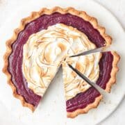 close up shot of purple sweet potato pie with toasted meringue.